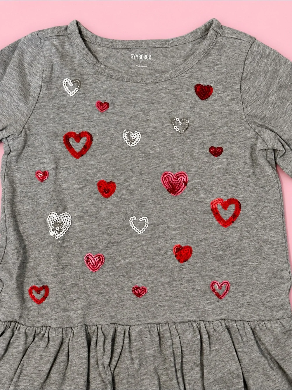 Gymboree Girls Size 6 Gray Sequin Heart Long Sleeve Ruffle Hem Top
